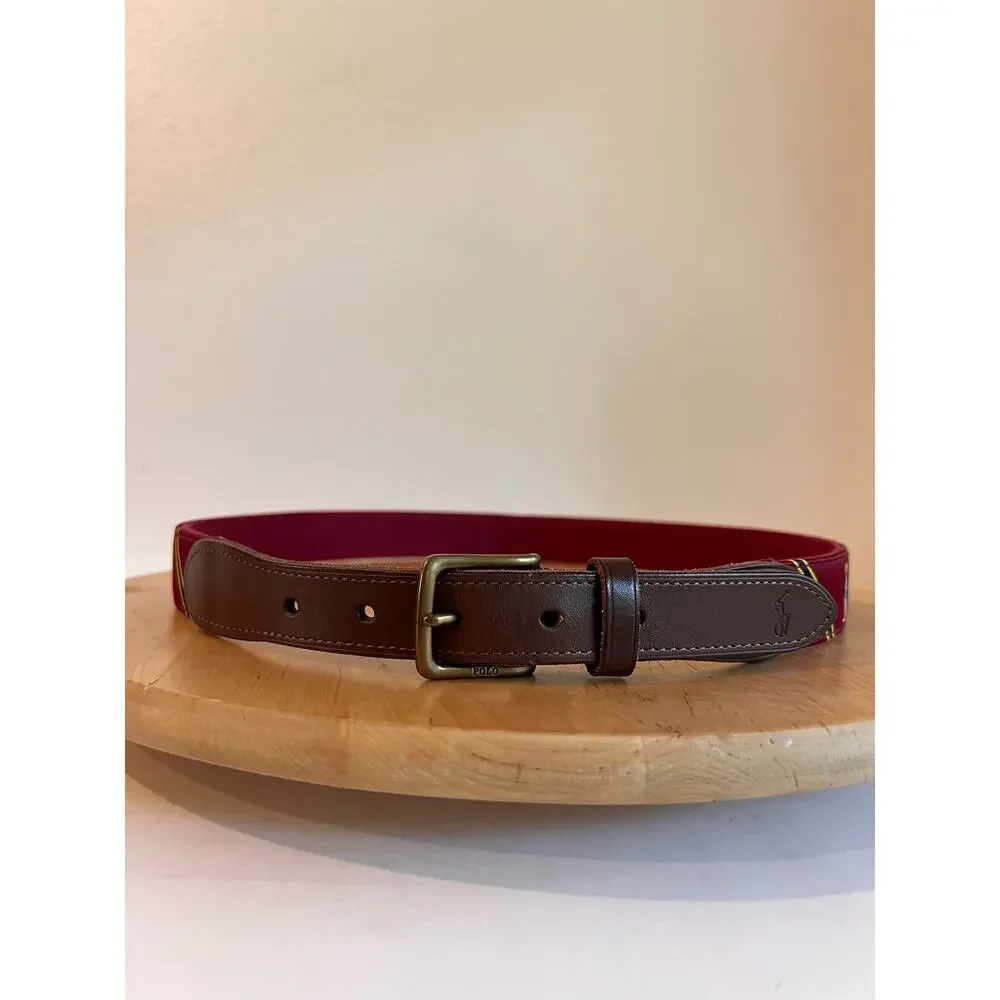 Polo Ralph Lauren Leather Maroon Sweater Bear Ribbon Belt Unisex Size 34 / Large
